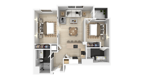 Floor plan for 2 beds, 2 baths, 970 sqft